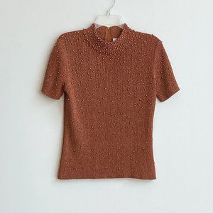 Beaded Mock-neck Sweater Top L